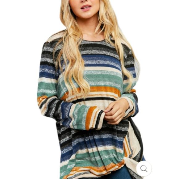 Multi Stripe Twist Hem Long Sleeve Blouse. Plus sizes 1X-3X - Picture 7 of 12